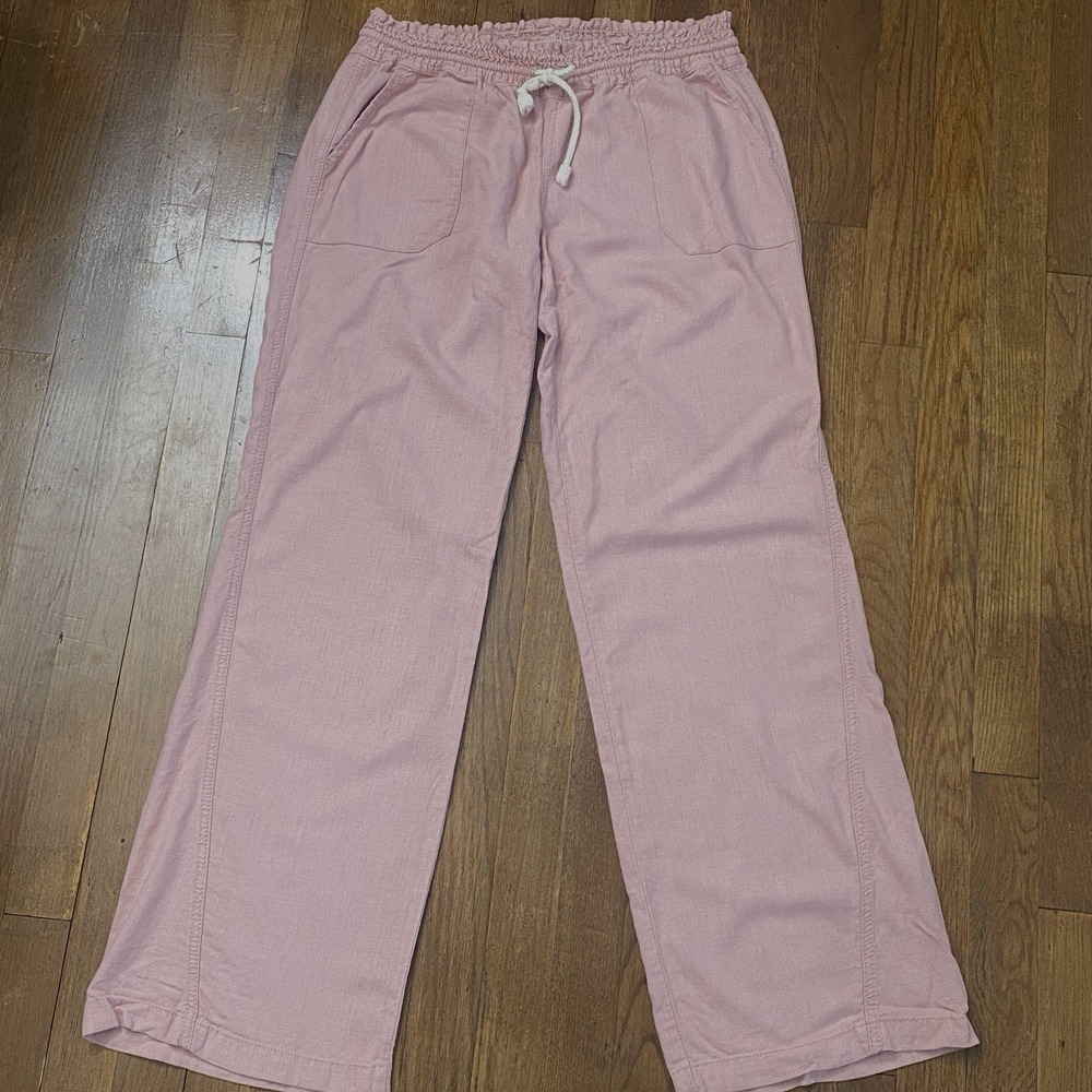Womens Linen Blend Pants Sz Large Pink Wide Leg Lightweight Beachy Resort Wear